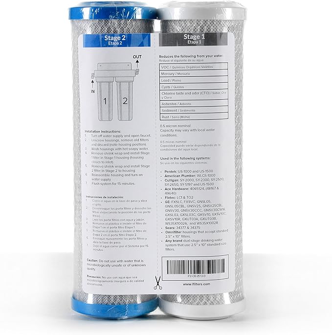 Smart Pack Dual-Stage Under-Sink Water Filter Replacement – 5 & 0.5-Micron CTO Carbon Block, 2.5” x 10” | Fits GXSV10R & Compatible Under-Sink Systems