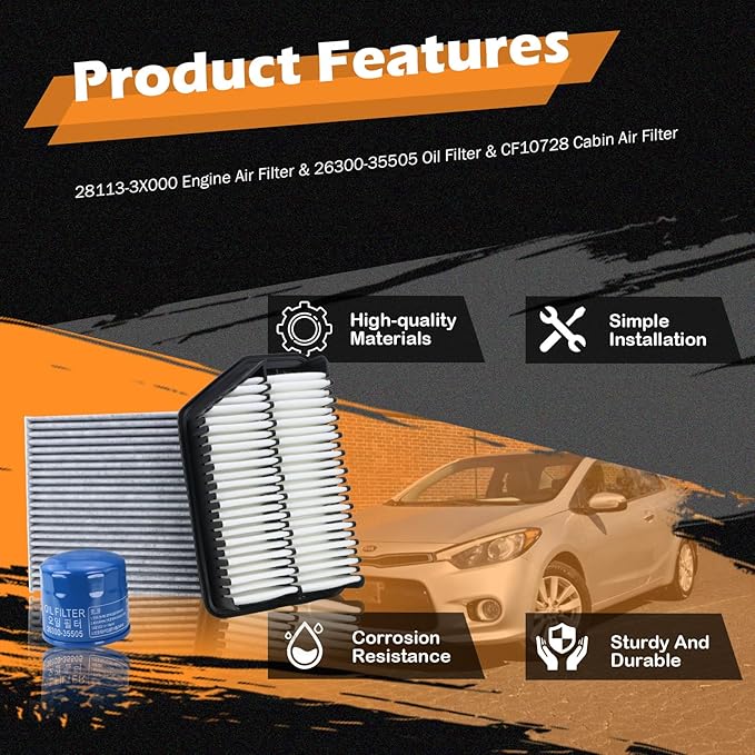28113-3X000 Engine Air Filter & 26300-35505 Oil Filter & CF10728 Cabin Air Filter Fits for 2011-2016 Hyundai Elantra 2014-2018 Kia Forte