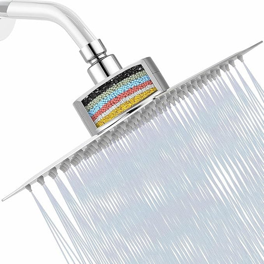 Filtered Shower Head, Stainless Steel High Flow Rainfall Showerhead with 15 Stage Hard Water Filter Cartridge for Remove Chlorine and Harmful Substances(Chrome,10")