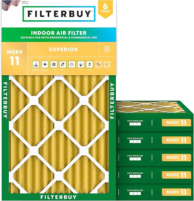 Filterbuy 12x20x2 Air Filter MERV 11 Superior Pet & Allergy Defense (6-Pack), Electrostatic Pleated HVAC AC Furnace Filters Replacement (Actual Size: 11.50 x 19.50 x 1.75)