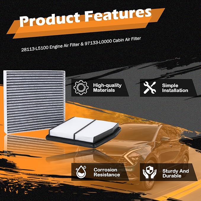 28113-L5100 Engine Air Filter & 97133-L0000 Cabin Air Filter Fit for 21-25 Hyundai Santa Fe 22-25 Tucson 20-25 Sonata 21-25 Kia Sorento 23-25 Sportage Hybrid Replaces CA12817 CF12820