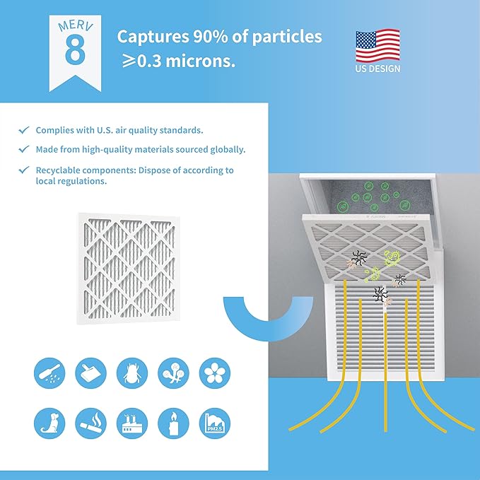 10x10x1 Air Filter 6 Pack MERV 8 MPR 700 FPR 5- GoldBon AC Filter USA Design- Electrostatic Pleated Air Conditioner HVAC AC Furnace Filters for Pollen, Smoke,Pet Dander