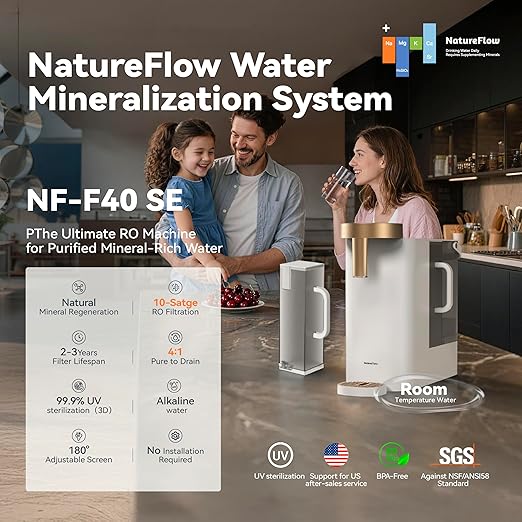 NatureFlow F40 SE Reverse Osmosis Water Filter Countertop with UV, Natural Remineralization,10-Stage RO Filtrations, 4:1 Pure to Drain, pH9 Alkaline Water Purifier,BPA Free,NSF/ANSI/UL/FDA