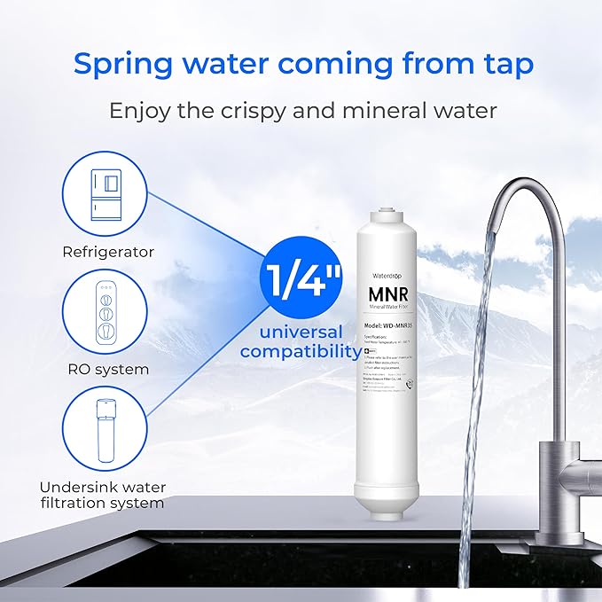 Waterdrop MNR35 Remineralization Filter, 1/4" Quick Connect Mineral Filter for Reverse Osmosis System, Restore Essential Minerals for RO System, RO Mineral, Under Sink Water Filtration