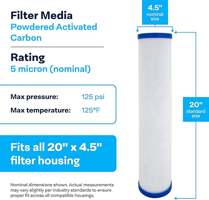 SpiroPure SP-EP-20BB 20x4.5 5 Micron NSF Certified Coconut Shell Carbon Block Water Filter Cartridge EP-20BB 155583-43 CB-45-2005 (Case of 4)