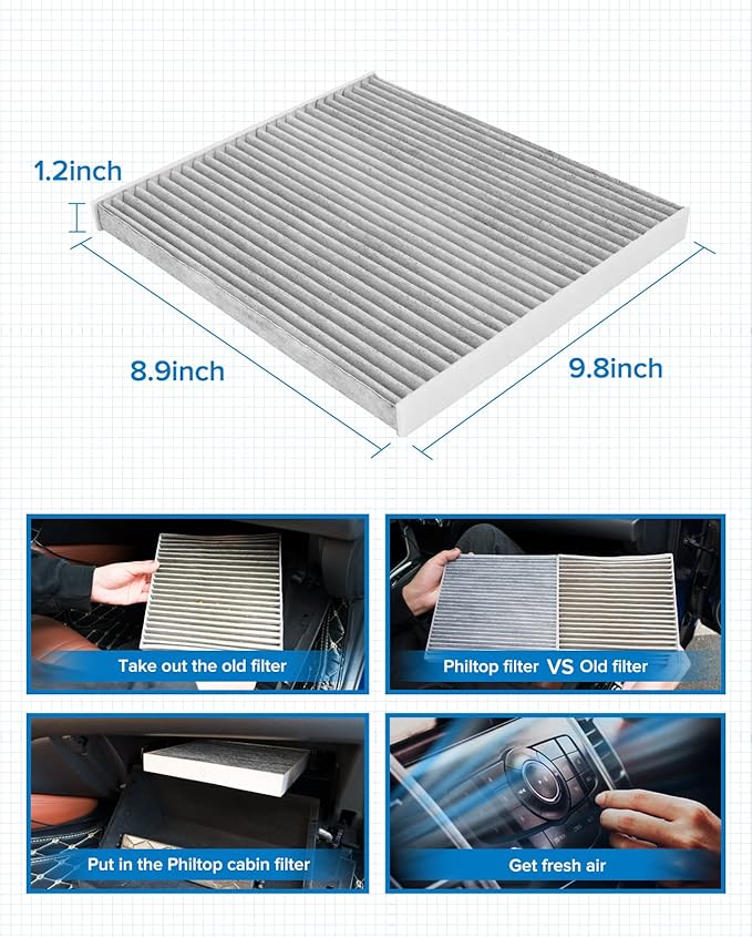 PHILTOP Cabin Air Filter w/Activated Carbon, Compatible with CF12000 Jeep Cherokee 2014-2018, Chrysler 200 2015-2017, Filter Up Dust Pollen Odor
