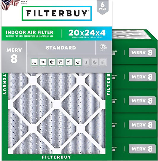 Filterbuy 20x24x4 Air Filter MERV 8 Essential Dust & Allergy Defense (6-Pack), Electrostatic Pleated HVAC AC Furnace Filters Replacement (Actual Size: 19.38 x 23.38 x 3.63)