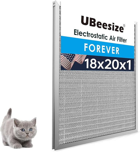 UBeesize 18x20x1 Reusable Electrostatic Air Filter HVAC AC Furnace Filter,MERV 8,Washable,Lasts a Lifetime,Permanent Air Filter,Breathe Fresher,Home And Office(Actual Size:17.52x19.61x0.82Inch)