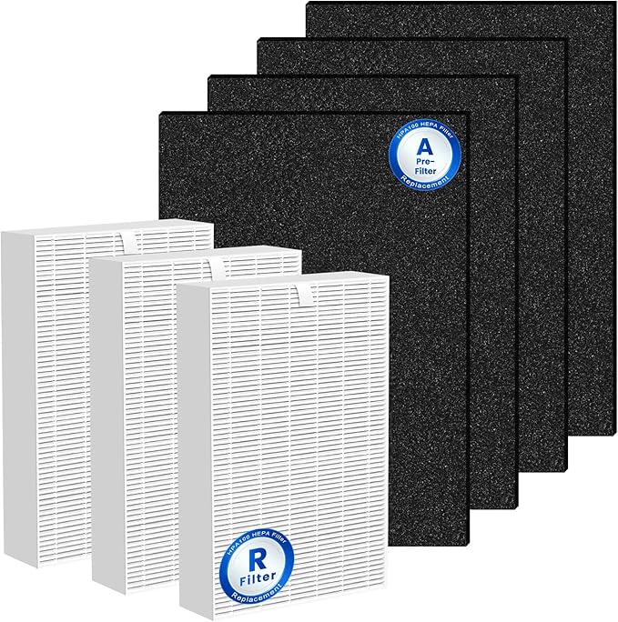 HPA100 HEPA Filter Replacement for Honeywell Air Purifiers, Compatible with HPA100,HPA094, HPA104, HPA105 HPA3100, HPA5100, 3 HEPA R Filters and 4 Pre-Cut A Carbon Pre-filter,Part No. HRF-ARVP100