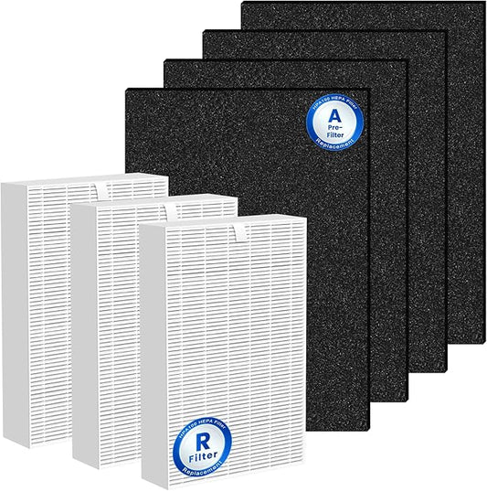 HPA100 HEPA Filter Replacement for Honeywell Air Purifiers, Compatible with HPA100,HPA094, HPA104, HPA105 HPA3100, HPA5100, 3 HEPA R Filters and 4 Pre-Cut A Carbon Pre-filter,Part No. HRF-ARVP100