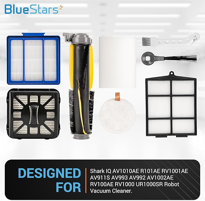 BlueStars Accessories Kit for Shark IQ AV1010AE R101AE RV1001AE AV911S AV993 RV1000 UR1000SR Robot Vacuum Cleaner - 1 main brush, 6 side brushes, 4 Filter Kit, 1 Pre-Motor Foam + Cleaning Tool