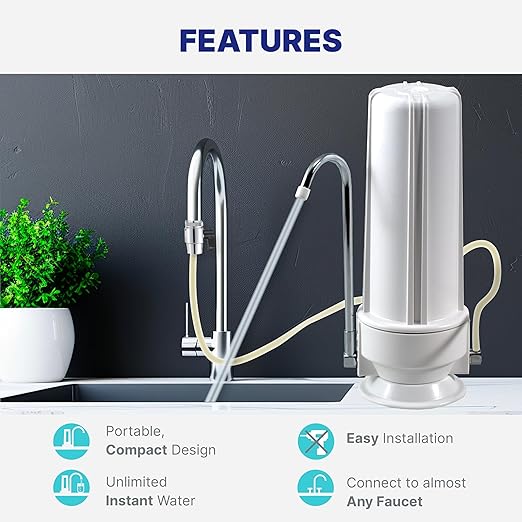 NU Aqua Countertop Water Filter System - 1 Stage w/Chrome Faucet - Over the Counter Top Drinking Water Purifier Filtration & Dispenser for Kitchen Sink - 120-Day Trial - Filtros de Agua para Tomar