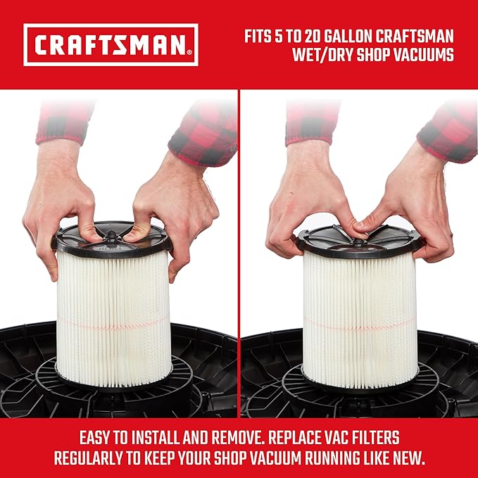 CRAFTSMAN CMXZVBE38779 Genuine General Purpose and Wet Application Wet Dry Vac Replacement Vacuum Filters for Most 5 to 20 Gallon CRAFTSMAN Shop Vacuums, Easy Installation, Liquid and Dry Pick-ups
