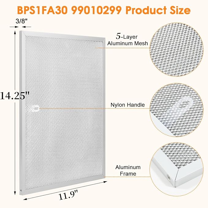 BPS1FA30 Range Hood Filter for 30-Inch Broan Nutone Allure QS1 WS1, 5-Layer 99010299 Aluminum Range Hood Filters Replacement 11.9"X14-1/4"X3/8" (6Pack)