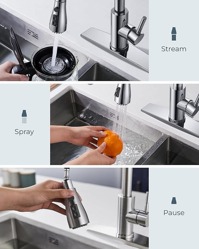 FORIOUS Kitchen Faucet with Pull Down Sprayer, Chrome, Bar High Arc Single Handle Traditional 3 Modes Stainless Steel Faucet for Kitchen Sink Farmhouse RV Laundry Camper