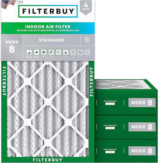 Filterbuy 12x20x4 Air Filter MERV 8 Essential Dust & Allergy Defense (4-Pack), Electrostatic Pleated HVAC AC Furnace Filters Replacement (Actual Size: 11.50 x 19.50 x 3.63)