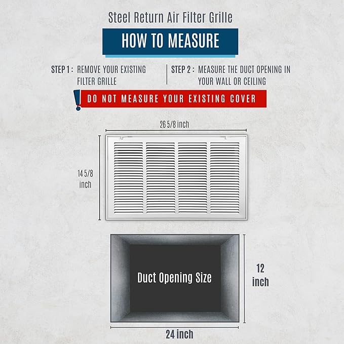 Fits 24x12 Duct Opening | Steel Return Air Filter Grille by Handua [Fixed Hinged] for 1-inch Filters | Vent Cover Grill for Sidewall and Ceiling | White | Outer Dimensions: 26 5/8"W X 14 5/8"H