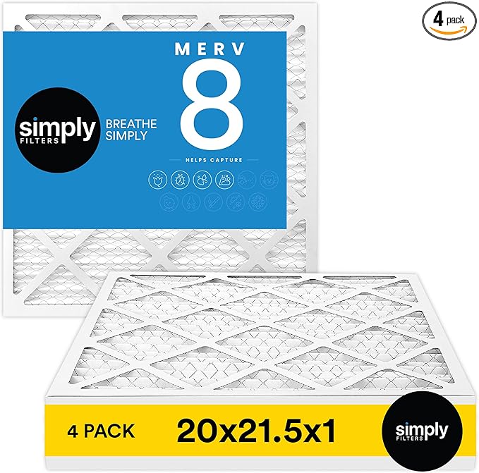 Simply 20x21.5x1 Air Filter, Merv 8, 4 Pack, For Home AC Furnace & HVAC (Actual Size: 20x21.5x0.75") DUST, Pet, & Allergy Control