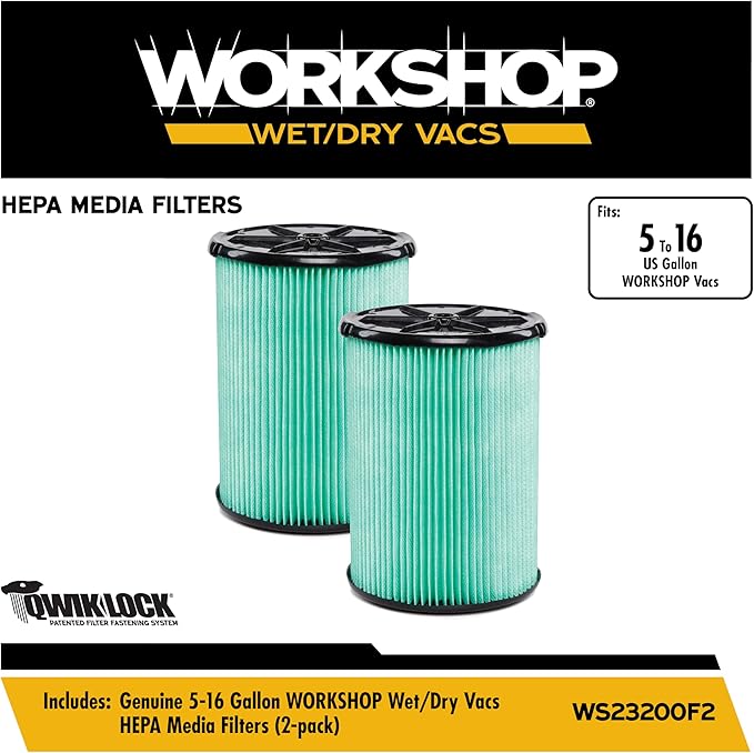 WORKSHOP Wet/Dry Vacs Vacuum Filters WS23200F2 HEPA Media Filter For Shop Vacuum Cleaner (2pk - HEPA Media Filter For Wet/Dry Vacuum Cleaner) Fits WORKSHOP 5-Gallon to 16-Gallon Shop Vacuum Cleaners