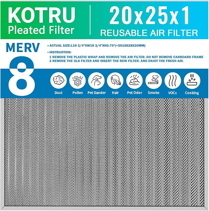 20x25x1 Air Filter, Reusable Air Filter - MERV 8, Washable Aluminum Permanent Electrostatic Filter - Long Service Life - For - Home and Office HVAC, Fireplace Systems (20x25x1)