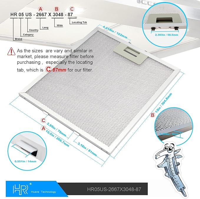 Upgraded W10169961A Range Hood Filter Replacement, Fits Whirlpool, Ikea, Kitchen Aid, Jenn Air, Aluminum Mesh Hood Grease Filter 10.5x12Inch, HR Huare Technology Aluminum Range Hood Vent Filters,3PCS