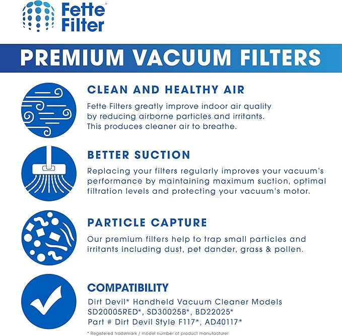 Fette Filter - F117 Replacement Vacuum Cleaner Filter with Compatible with Dirt Devil Handheld Vacuum Cleaner Models SD20005RED, SD30025B, BD22025 Part # AD40117 - Pack of 2