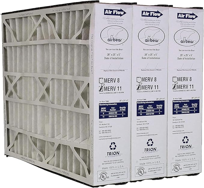 Trion Air Bear 20 x 25 x 5 Inch MERV 11 High Performance Air Purifier Filter Replacement for Air Cleaner Purification Systems, White (6 Pack)