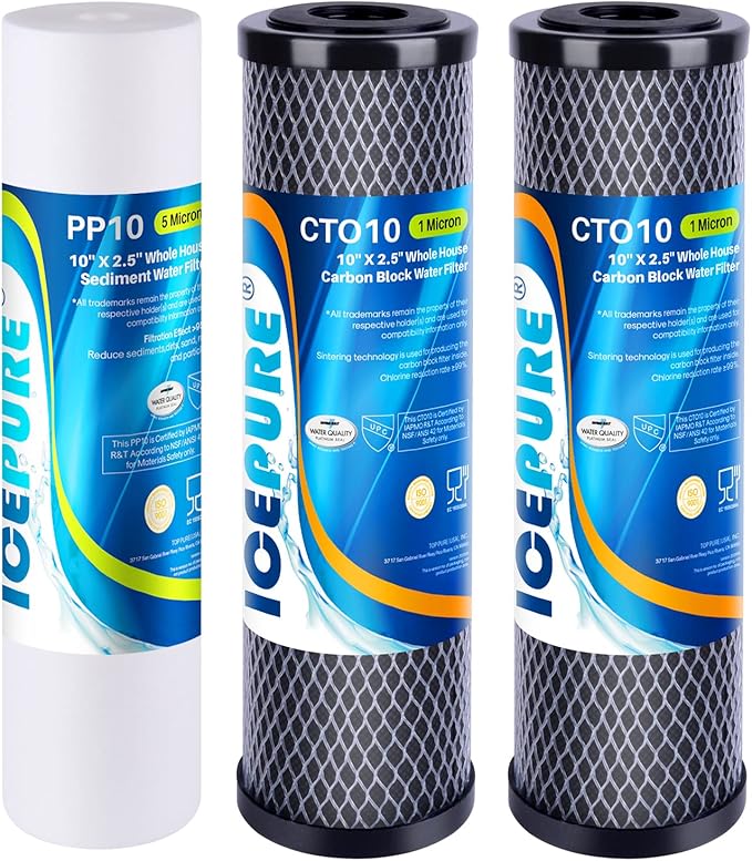 ICEPURE 10" x 2.5" Whole House Water Filter & RO 3-Stage Filter, Sediment & CTO Carbon Block Filters, NSF 42 Certified, Replacement for APEC ROES-50, iSpring RCC7AK, Express Water RO System, 3 Pack