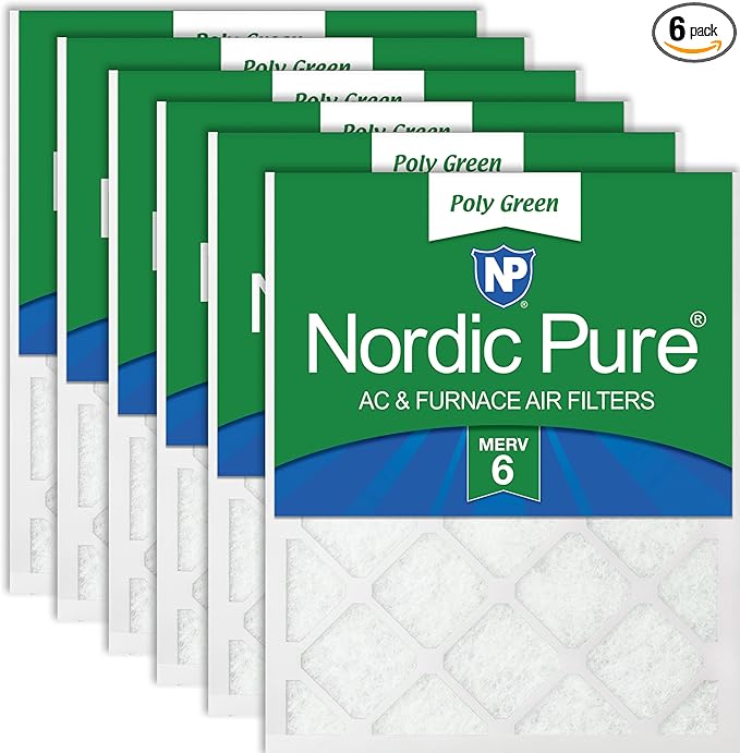 Nordic Pure 25x25x1 (Actual Size: 24 1/2 x 24 1/2 x 3/4) Poly Green MERV 6 AC Furnace Air Filters – Reduces Dust, Pollen, Pet Dander & Allergens – 6-Pack