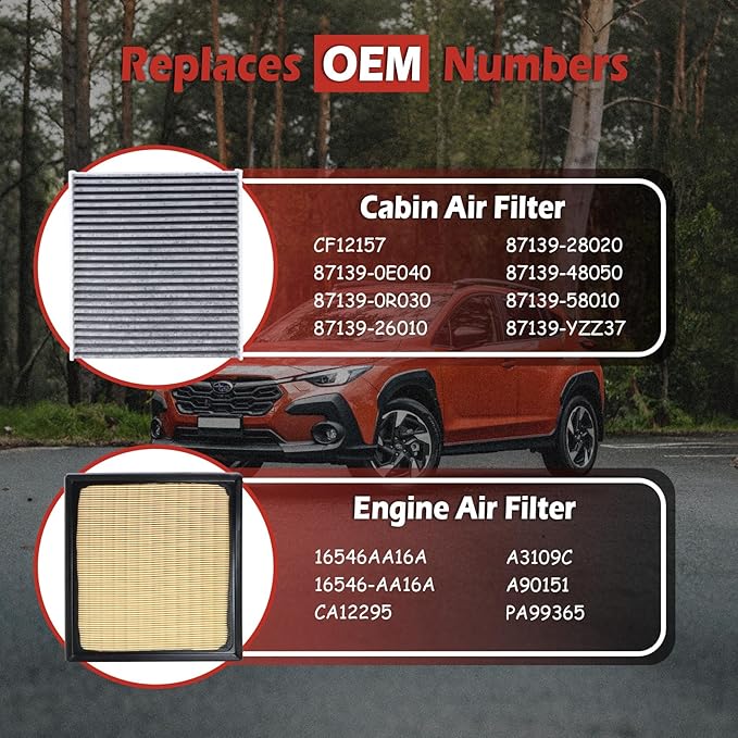 16546AA16A Engine Air Filter and CF12157 Cabin Air Filter kit Compatible with 2018-2025 Crosstrek 2.0L 2021-2024 Crosstrek 2.5L 2020-2025 Outback 2.4L 2.5L Replaces 16546-AA16A 87139-58010