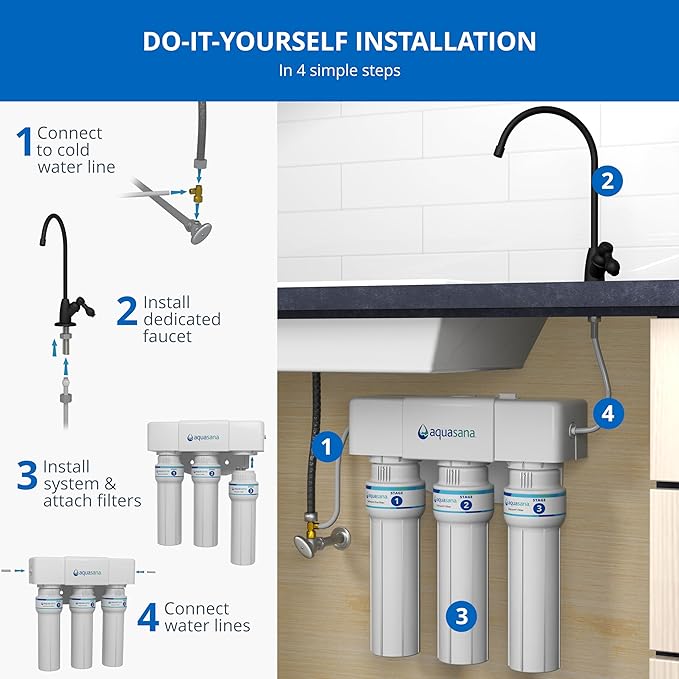 Aquasana Under Sink Water Filter | 3-Stage Max Flow Filtration | Certified to Reduce up to 99.99% of PFAS, Lead, Chlorine, & More | Under Counter Drinking Water Filter | Chrome Faucet | AQ-6300M-CHR