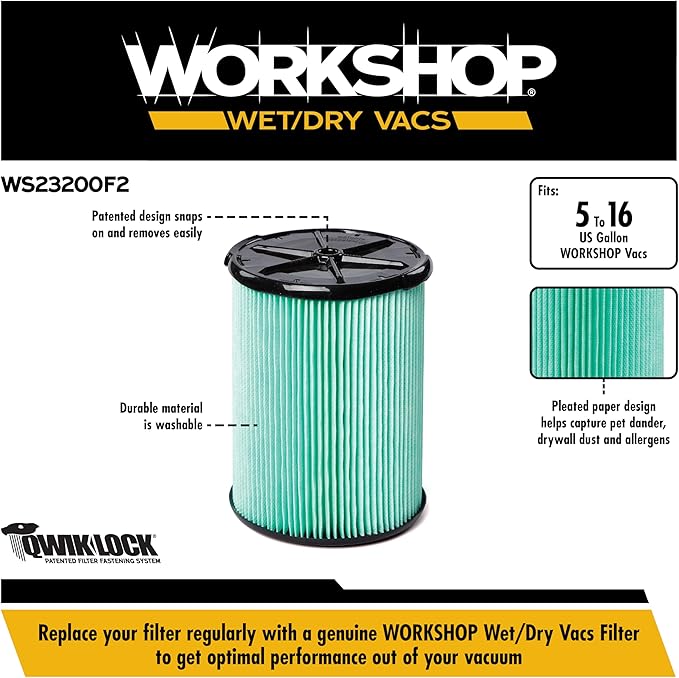 WORKSHOP Wet/Dry Vacs Vacuum Filters WS23200F2 HEPA Media Filter For Shop Vacuum Cleaner (2pk - HEPA Media Filter For Wet/Dry Vacuum Cleaner) Fits WORKSHOP 5-Gallon to 16-Gallon Shop Vacuum Cleaners