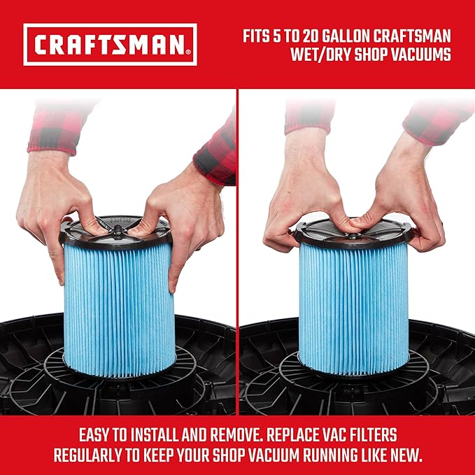 CRAFTSMAN CMXZVBE38776 Genuine Fine Dust Wet Dry Vac Replacement Vacuum Filter for Most 5 to 20 Gallon CRAFTSMAN Shop Vacuums, Easy Installation and Traps Fine Particles, 2-Pack