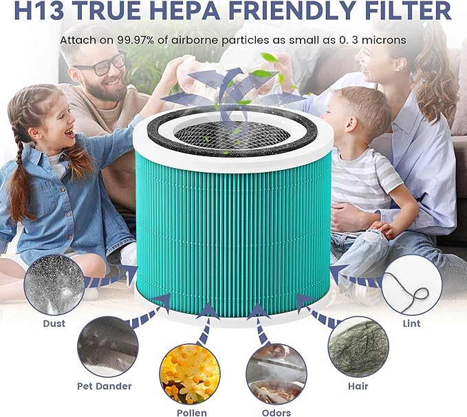 2 Pack Core 300 Toxin Absorber Replacement Filters for LEVOIT Core 300 and Core 300S VortexAir Air Purifier, True H13 3-in-1 and Activated Carbon,Core 300-RF-TX (Green)