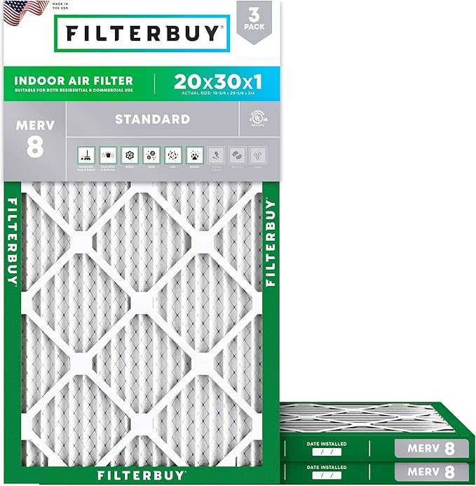 Filterbuy 20x30x1 Air Filter MERV 8 Essential Dust & Allergy Defense (3-Pack), Electrostatic Pleated HVAC AC Furnace Filters Replacement (Actual Size: 19.63 x 29.63 x 0.75)