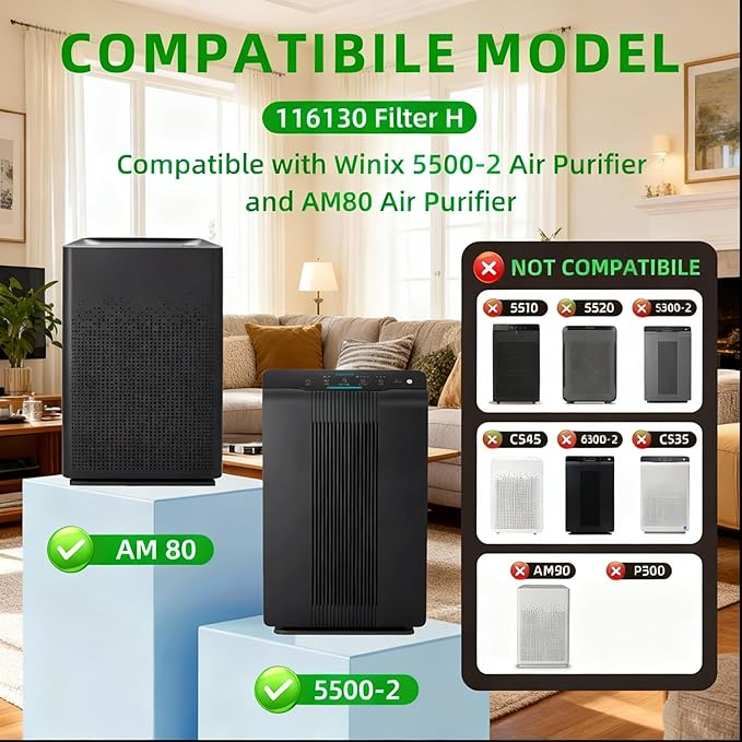 116130 replacement filter H Compatible with Winix AM80 Plasmawave Air Purifier 5500-2 5500 5300 6300 9000 5000 5000B C909 Air Purifier, 16.25"L x 12.5"W x 1.5"Th, Yellow