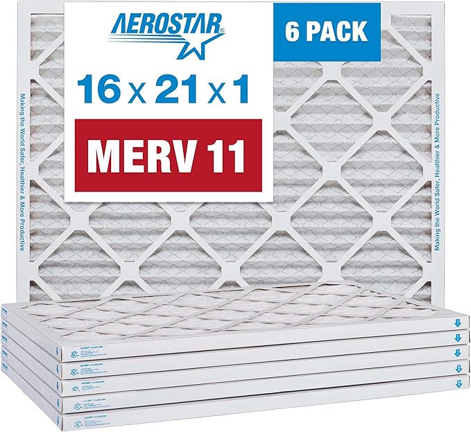 Aerostar 16x21x1 MERV 11 Air Filter, Pleated AC Furnace HVAC Filters (15.875x20.875x0.75), for Allergies Asthma Dust Pet Dander Smoke Bacteria Viruses, MPR 1500 FPR 10, USA, 6 Pack