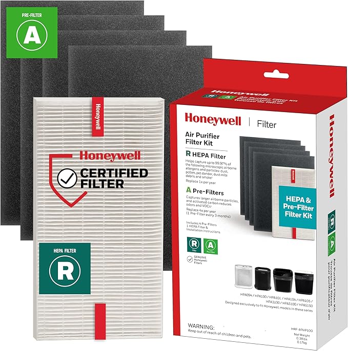 Honeywell HEPA Air Purifier Filter Kit – Includes 1 HEPA R Replacement Filter and 4 A Carbon Pre-Cut Pre-Filters – Airborne Allergen Air Filter Targets Wildfire/Smoke, Pollen, Pet Dander, and Dust