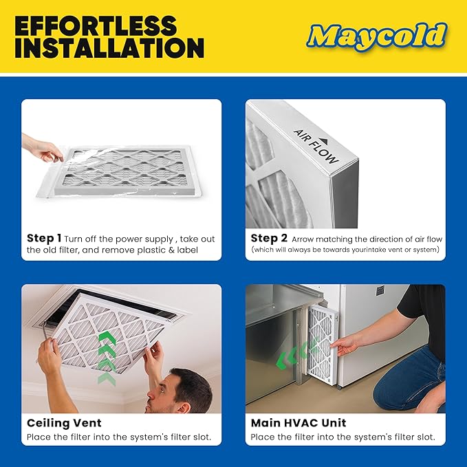Maycold MERV 8 10x10x1 Furnace Air Filters (6-Pack), Pleated HVAC AC Filters – Actual Size 9.70” x 9.70” x 0.75”, For Residential or Office Use, Individually Wrapped in Plastic