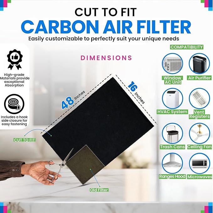 Cut to Fit Activated Carbon Filter Sheet 16” x 48” - Activated Carbon Air Filter for Air Purifiers Window AC Air Vent And More - Charcoal Filters Absorb Odors & Freshens the Air (4-Pack)