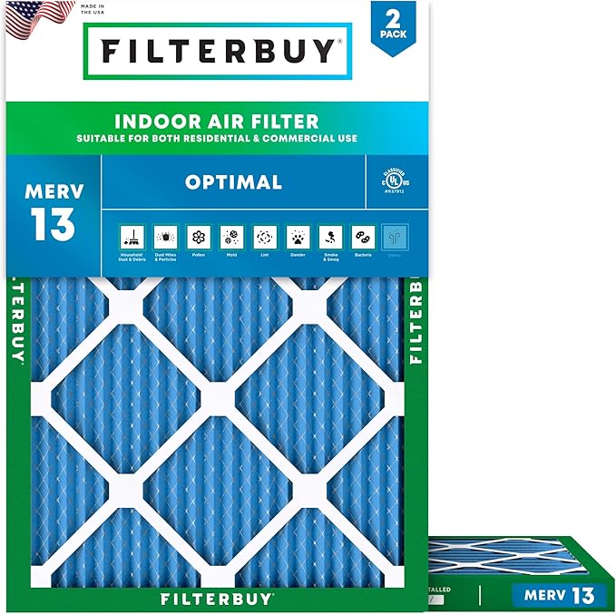 Filterbuy 17.5x21x1 Air Filter MERV 13 Optimal Smoke & Allergy Defense (2-Pack), Electrostatic Pleated HVAC AC Furnace Filters Replacement (Actual Size: 17.50 x 21.00 x 0.75)