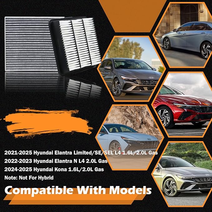 28113-AA100 Engine Air Filter & CF12820 Cabin Air Filter Fits for 2021-2025 Hyundai Elantra 2022-2023 Elantra N 2024-2025 Kona (Not Fit Hybrid)