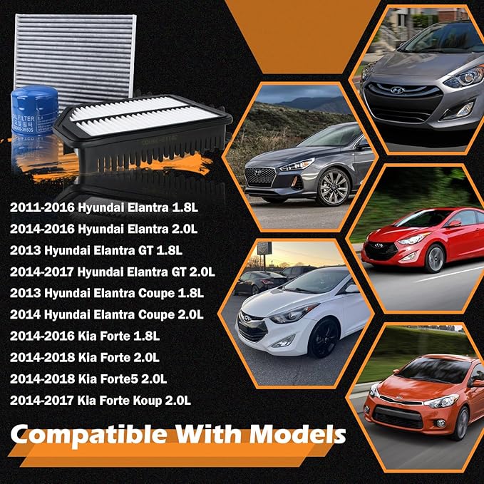 28113-3X000 Engine Air Filter & 26300-35505 Oil Filter & CF10728 Cabin Air Filter Fits for 2011-2016 Hyundai Elantra 2014-2018 Kia Forte