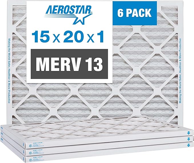 Aerostar 15x20x1 MERV 13 Air Filter, Pleated AC Furnace HVAC Filters (14.5x19.5x0.75), for Allergies Asthma Dust Pet Dander Pollen Smoke Bacteria, MPR 1200 FPR 7, USA, 6 Pack