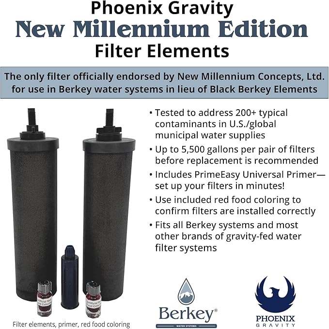 Berkey - Phoenix Gravity New Millennium Edition Water Filter Elements (Set of 2) - NMCL Endorsed Replacement in Lieu of Black Berkey Elements BB9-2