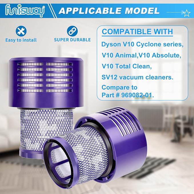 2 Pack Replacement V10 Filters for Dyson V10 Cyclone Series, V10 Animal, V10 Absolute, V10 Total Clean, SV12, Replace Part 969082-01