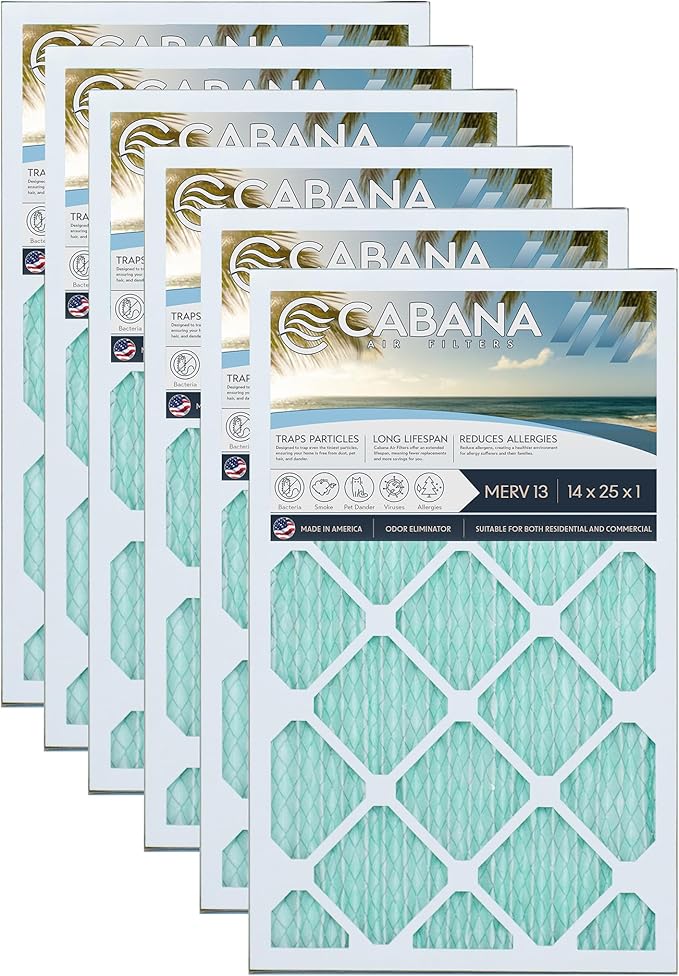 Cabana Filters 6-Pack 14x25x1 MERV 13 AC Furnace Air Filter for Home and Office - Indoor HVAC System Filtration Replacement, Captures Unwanted Particles