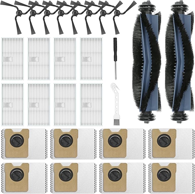 FFsign 28 Pack Replacement Parts Compatible with Eufy C10 Robot Vacuum, Self Emptying RoboVac Accessories Kit 2 Rolling Brushes, 8 Dust Bags, 8 Side Brushes, 8 Filter Sets