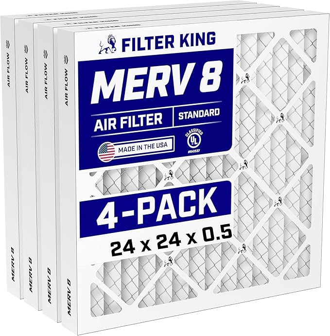 Filter King 24x24x0.5 Air Filter (MERV 8) (4-Pack) Dust & Allergy Control AC Furnace Filters, MADE IN USA, HVAC, Pleated, Electrostatic (Actual Size: 23.75 x 23.75 x 0.5)