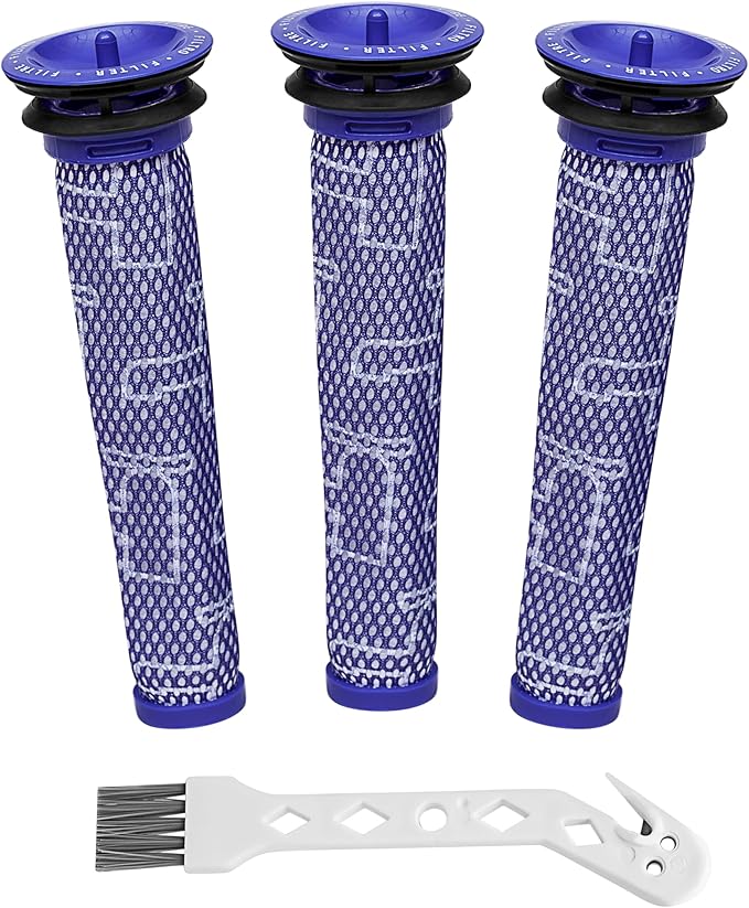 3 Pack Pre Filters Compatible With Dyson V6, V7, V8, DC58, DC59, DC61, DC62 Absolute Animal Cordless Vacuum Cleaners - Replaces Part # 965661-01 - 3 Filters With 1 Brush